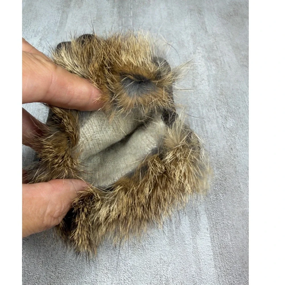 Brown Quilted Leather Gloves with Real Rabbit Fur Trim Small Chocolate Winter